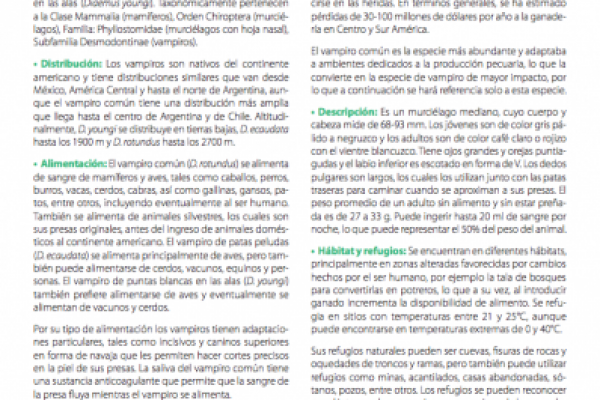 Documento divulgativo sobre plagas vertebradas llamado El vampiro común (Desmodus rotundus)